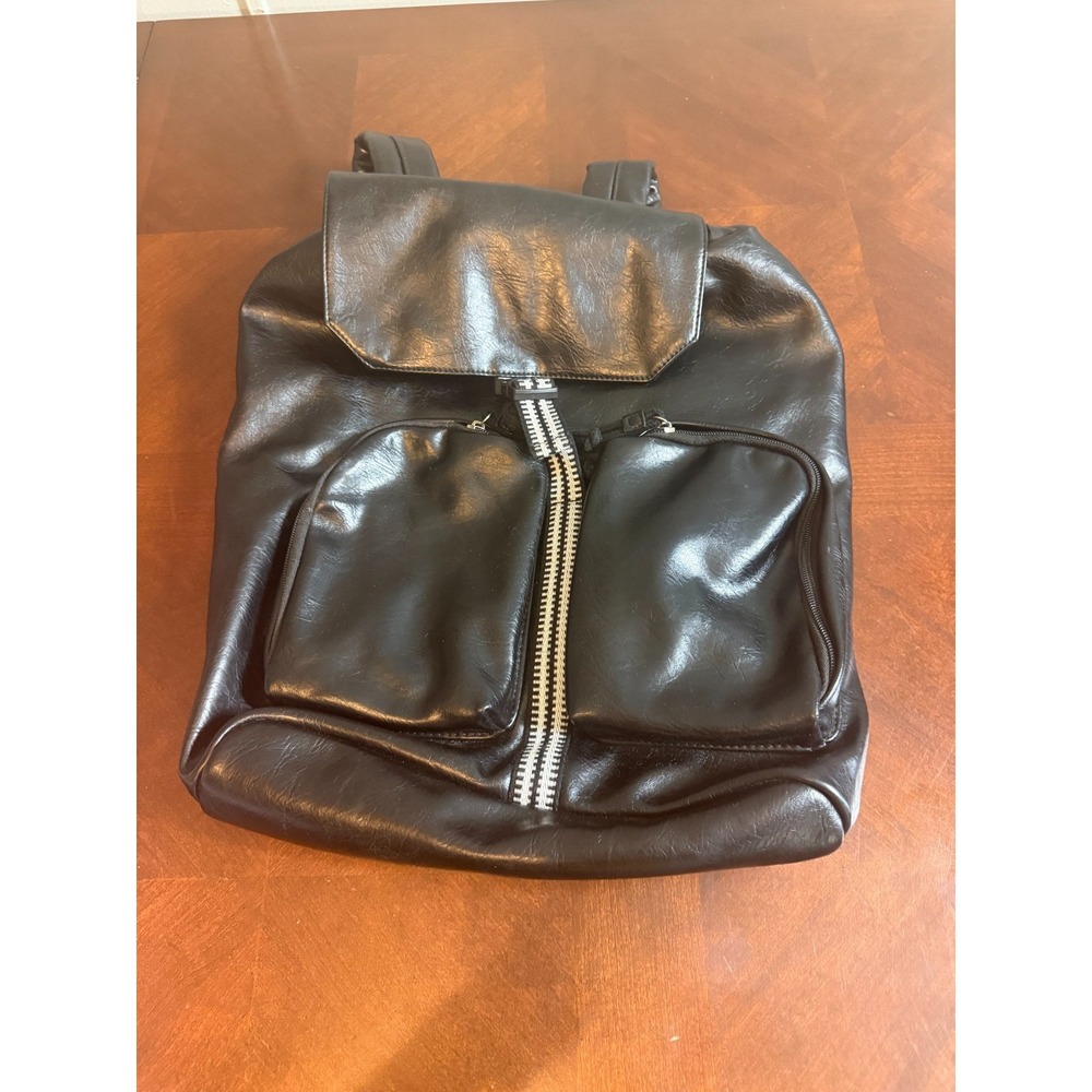 Universal Thread Black Faux‎ Leather Backpack Drawstring Bag Zipper Pockets